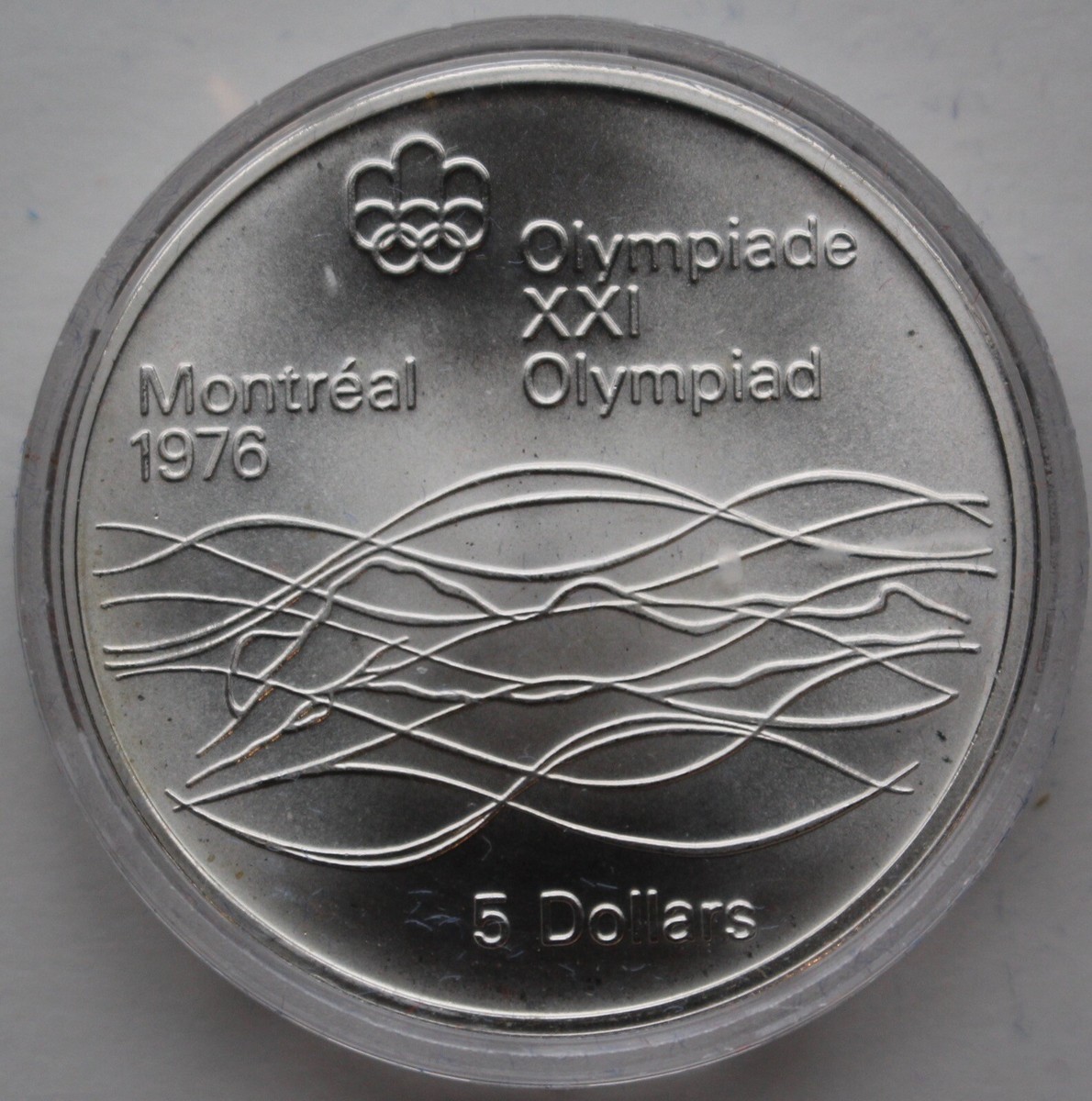 1976年Montreal Olympic記念 5Dollars銀貨 1975 CANADA $5 DOLLAR STERLING SILVER BU Coin - SWIMMING Montreal