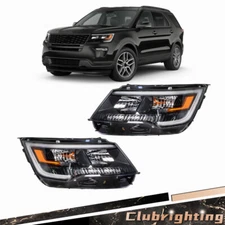 For Ford Explorer 2016 2017 2018 2019 Headlights Black Halogen w/LED DRL Pair