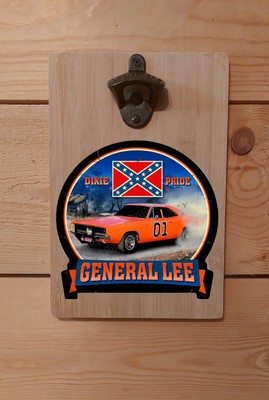 GENERAL LEE CHARGER STICKER (19x18,5cm)+Flaschenöffner auf BambusBrett 30x20x1cm