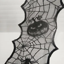 Halloween Lace Table Runner 18x72 In Pumpkin Spider Spiderweb Bat Black