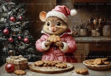 CHRISTMAS COOKIE MOUSE ART PRINT, Rat Santa Poster, Holiday Kitchen Decor E729