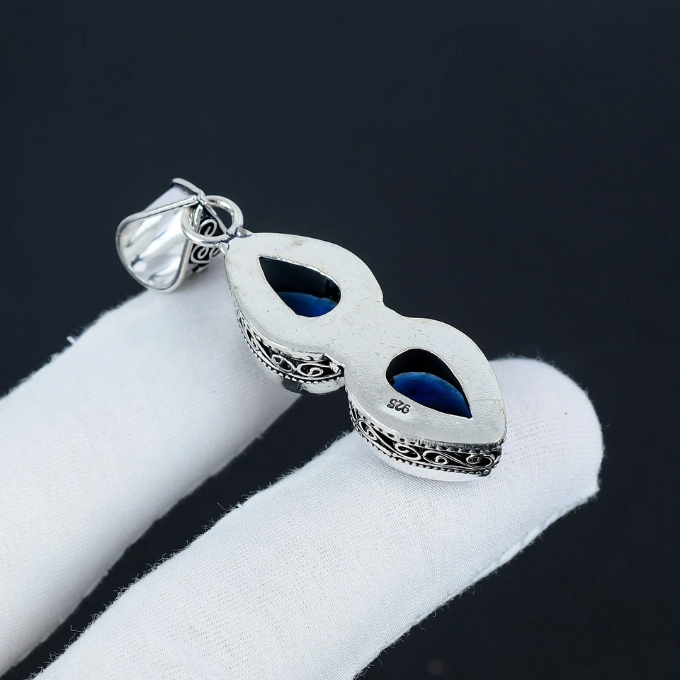 Zaffiro Blu Gemma a Mano 925 Pendente Argento Sterling Per Anniversario Regalo - Immagine 3 di 4