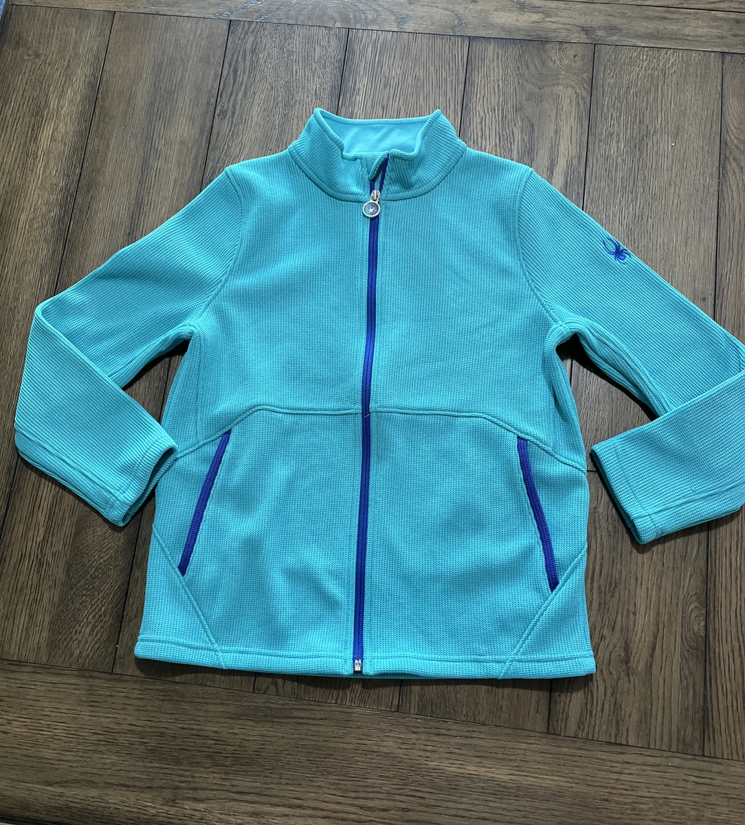 Spyder Zip Up Sweater Teal Waffle Knit Jacket Girls Size XL 18 EUC