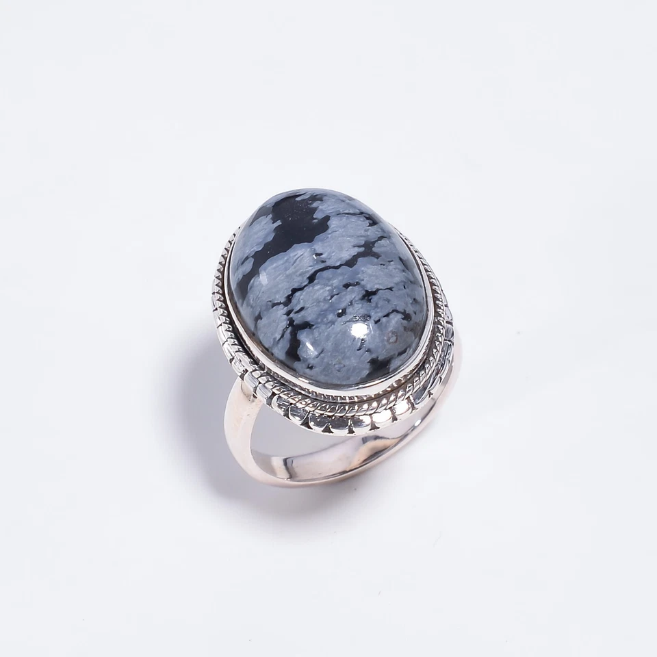 Anel étnico declaração obsidiana floco de neve tamanho 925 prata - Imagem 4 de 4