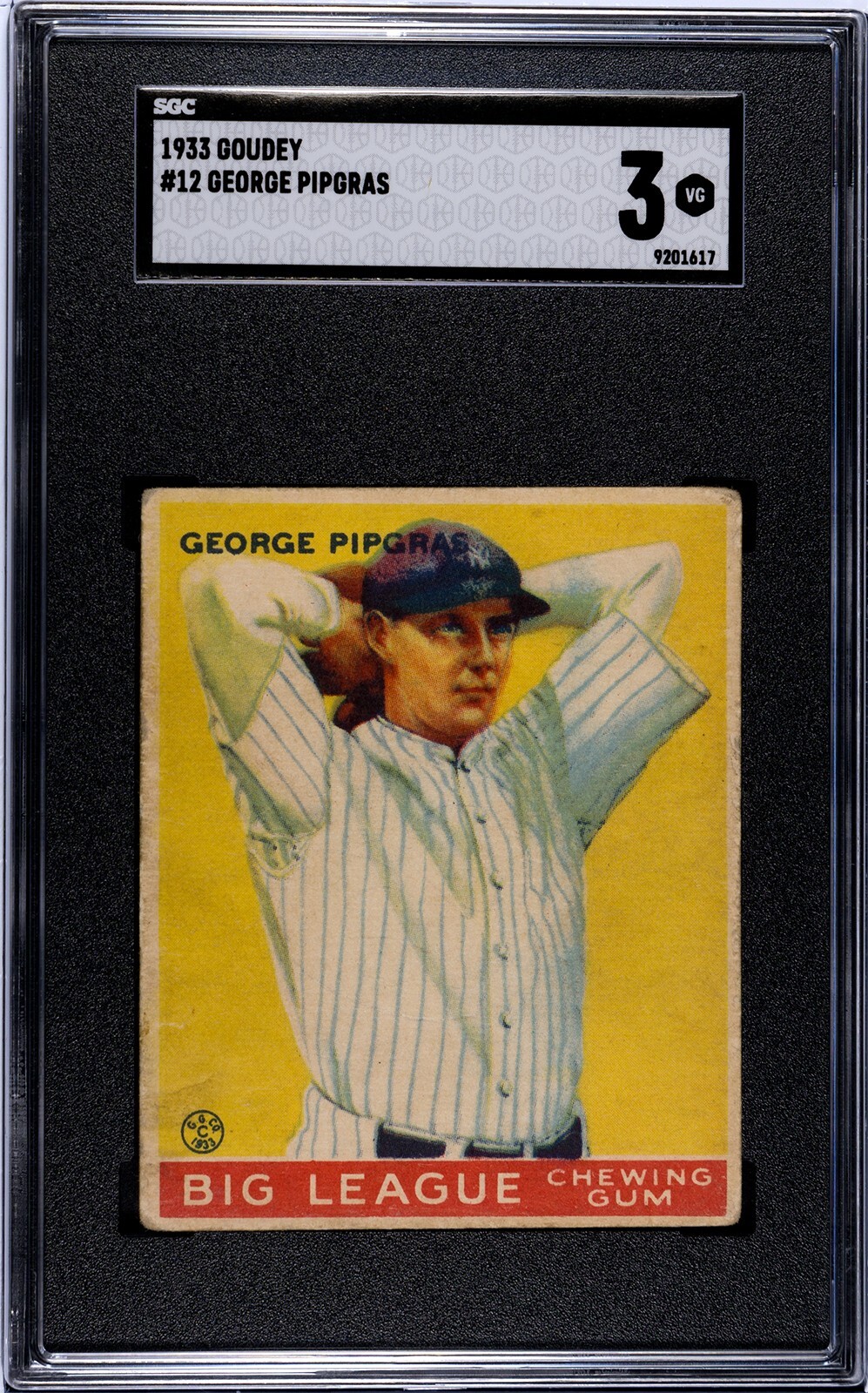1933 Goudey GEORGE PIPGRAS New York Yankees #12 SGC 3 VG Condition