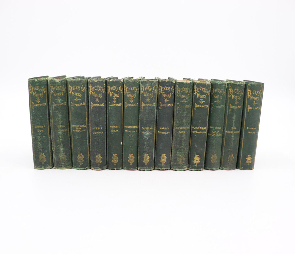 Green Charles Dickens Works Book Set of 13 - Boston: Ticknor