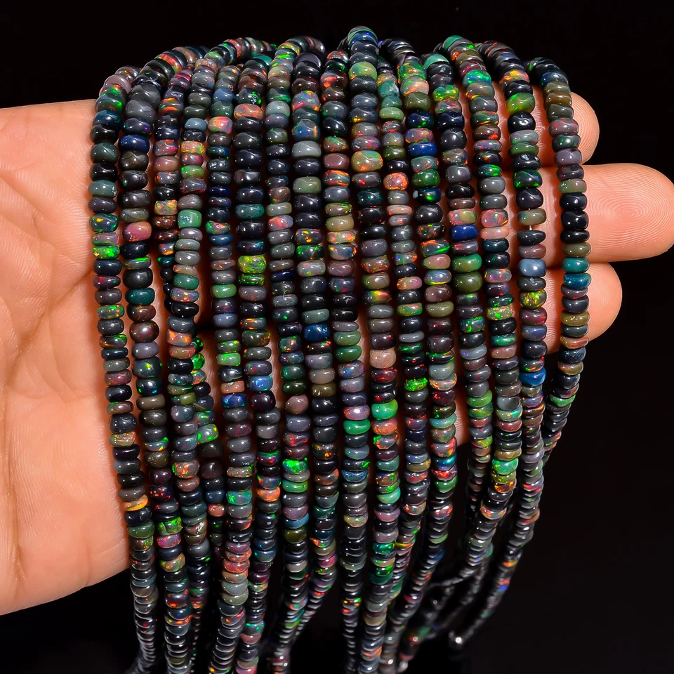 Cuentas lisas de piedras preciosas de ópalo etíope negro forma redondeada 4X4X2 mm hilo 8" EB701 Foto 3 de 4