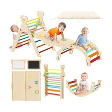 Pikler Triangle Set 7-in-1 Foldable Montessori Wooden Climbing Toys for Toddl...