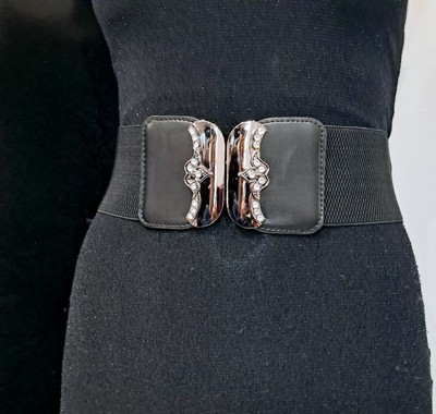 Black Elastic Belt for Women with Double Moon Rhinestone Buckle, Adjustable