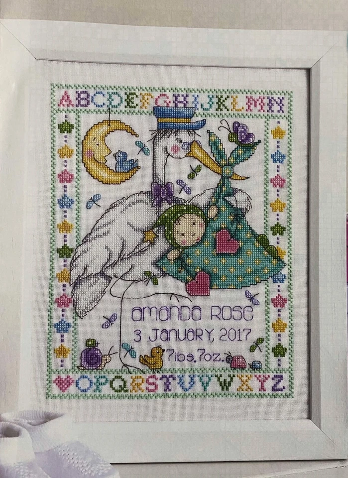 New Baby Announcement-Joan Elliott-Stork Delivery Sampler Cross Stitch Design - Image 1 of 1