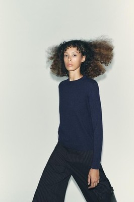 Zara 100% Cashmere Jumper Sweater Small Ink Blue Long Sleeve Crewneck NWT