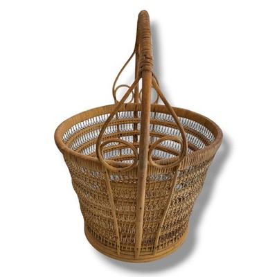 Vintage Woven Cane Basket w/handle Intricate Loop Detail 16  Open Weave Cottage