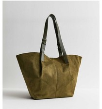 Khaki Faux Suede Shopper Tote Bag, new