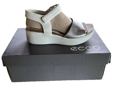 ECCO Flowt Wedge Sandals Women s size 5 1/2 Silver White Leather Cork NEW