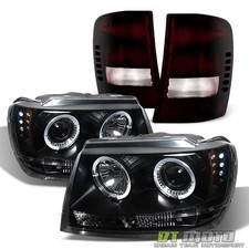 For 1999-2004 Jeep Grand Cherokee Led Halo Headlightsred Smoke Tail Brake Lamps