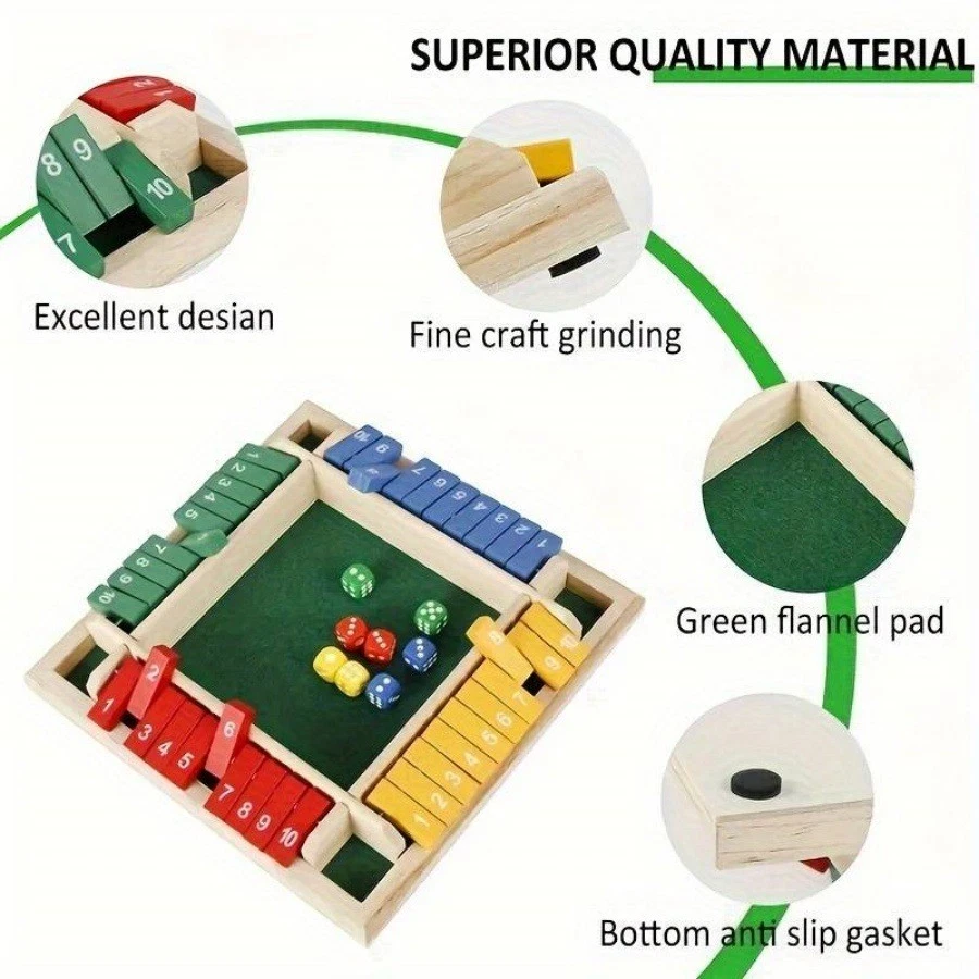 Wooden Dice Board Game Shut The Box for 4 Players Flaps & Dices Game Parent-chi - Image 4 of 4