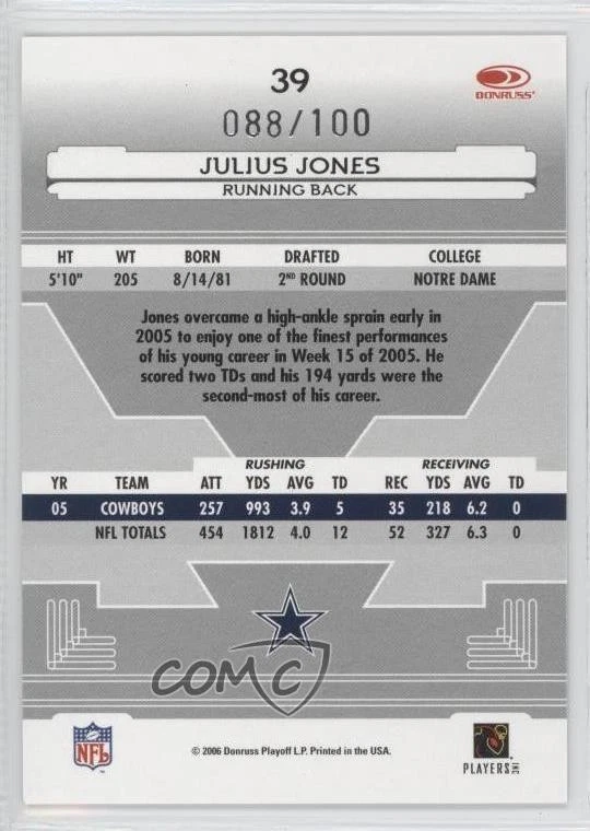2006 Leaf Certified Materials Mirror Red /100 Julius Jones #39 - Image 2 of 2