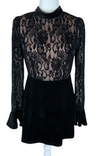 Women's Forever 21 Contemporary Black Velvet Lace Long Bell Sleeve Dress Size M