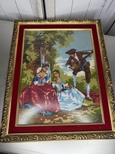 Vintage Victorian Couple Cross Stitch Romantic Parisian garden Gold Velvet Frame