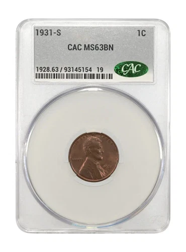 1931 S Small Cents Lincoln, Wheat Ears Reverse CACG MS 63 BN CAC