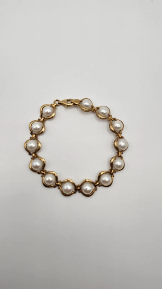 Brazalete Estate Vintage Oro Amarillo 14k Perla Cultivada 13 Gramos Eslabones Ornamentados Foto 3 de 4