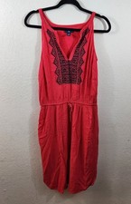 Gap Womens M Red Embroidered V-Neck Sleeveless Drawstring Waist Midi Dress