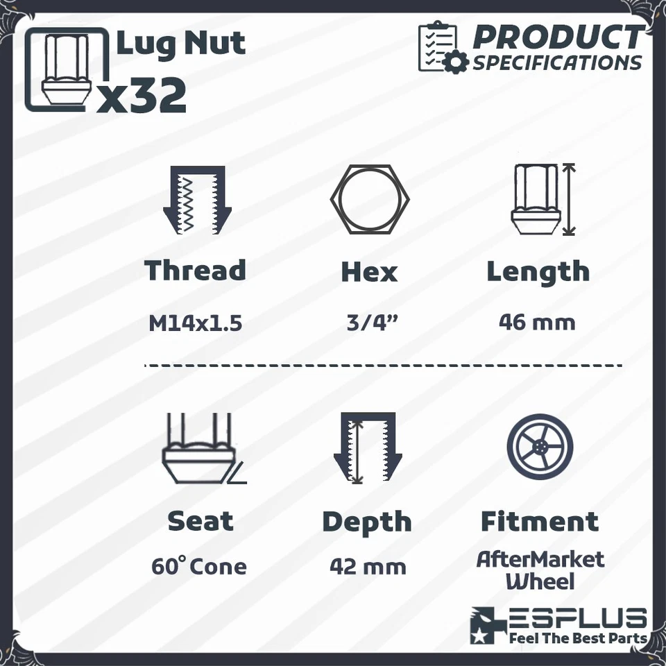 Tuerca 32 piezas cromada M14x1.5 1.8" 3/4" apta para Nissan 2012-2021 NV1500/2500/3500 Foto 2 de 4