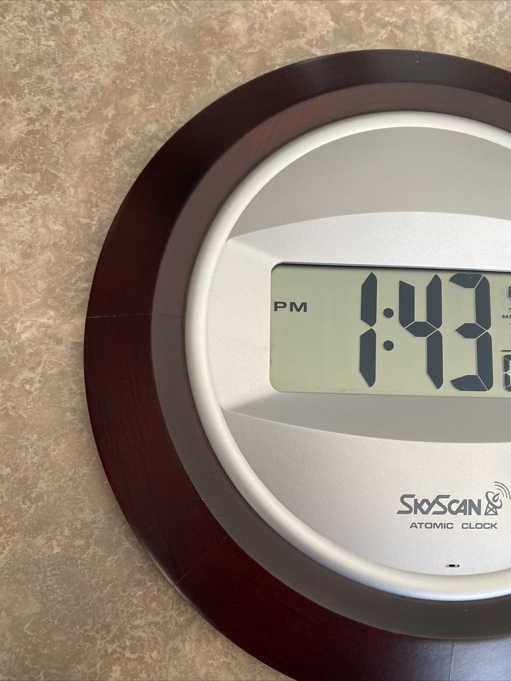 SkyScan Atomic Wall Clock Round Dark Wood Frame eBay