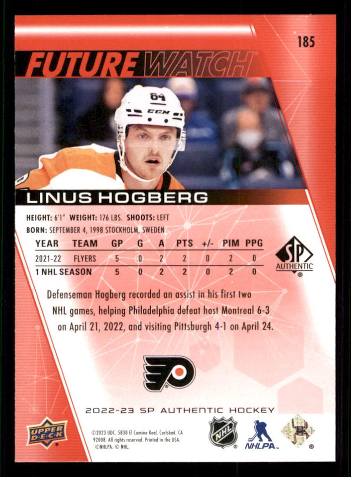 2022-23 SP Authentic Limited Red #185 Linus Hogberg FW - Image 2 of 2