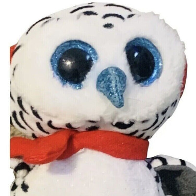 TY Beanie Boo NESTER White Owl Stuffed Animal 6'' Plush Glitter Eyes Red Scarf