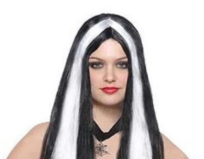Long Flowing Vampire Wig Black w White Streaks Halloween Cosplay Witch 20
