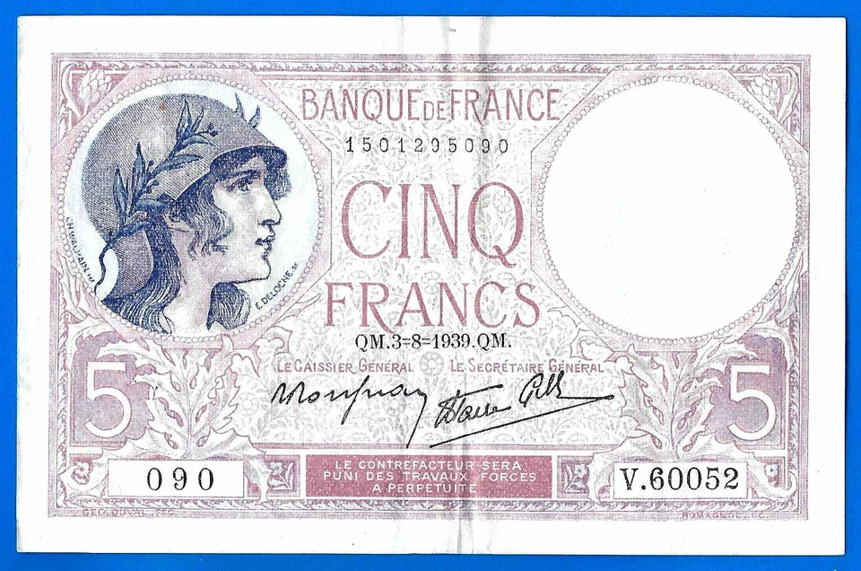 France 5 Francs 1939 3 August Serie V Violet Boat Europe Frcs Frs Free Ship Wrld - Image 2 of 3