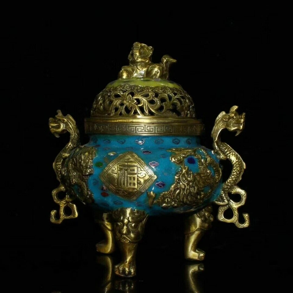 Quemador de incienso antiguo de China de 8" incensario Cloisonne quemador de incienso de latón antiguo Foto 3 de 4
