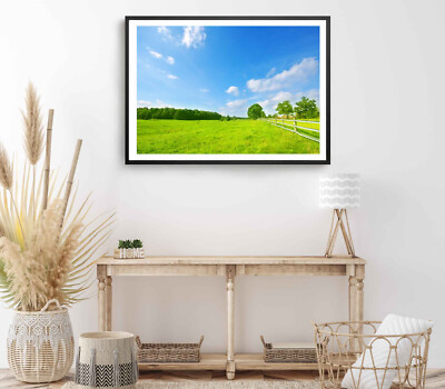 Meadow with Tree Print, Grass Wall Art, Blue Sky Framed Nature Wall Art, Natural