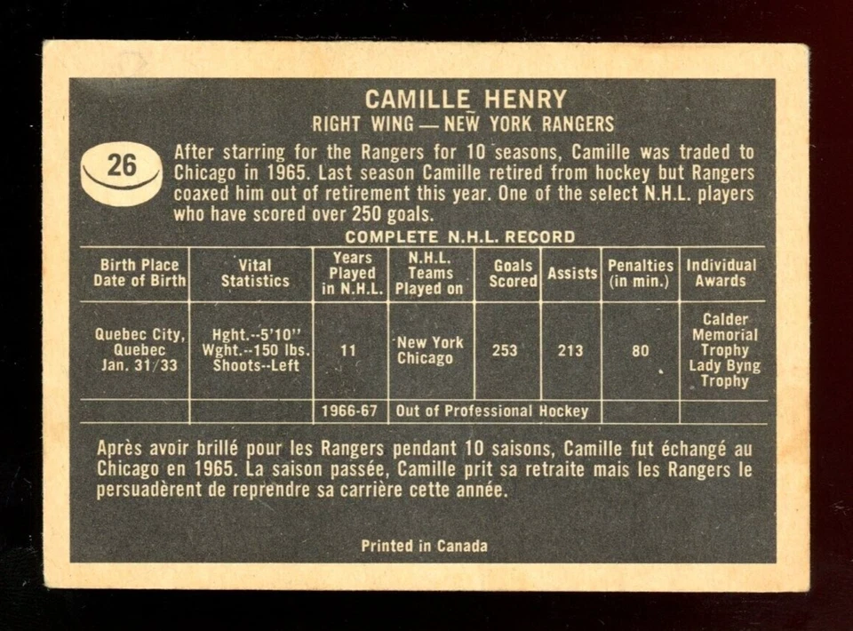 1967-68 TOPPS HOCKEY NHL #26 CAMILLE HENRY EX+ NEW YORK N Y RANGERS Card - Image 2 of 2