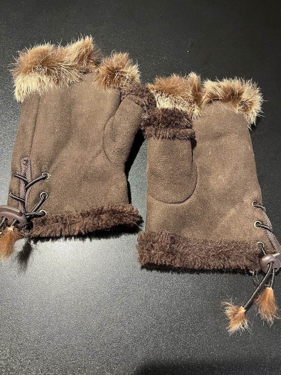 UGG Mini Purse Crossbody Bag Gloves Set Brown Suede Lamb Rabbit