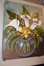Lily Flower Fern Fish Bowl Still Life Art Nouveau Signed Original Oil Painting