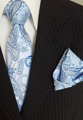 Binder de Luxe Schlips Krawatte Einstecktuch Krawatten Set hell blau Paisley 261