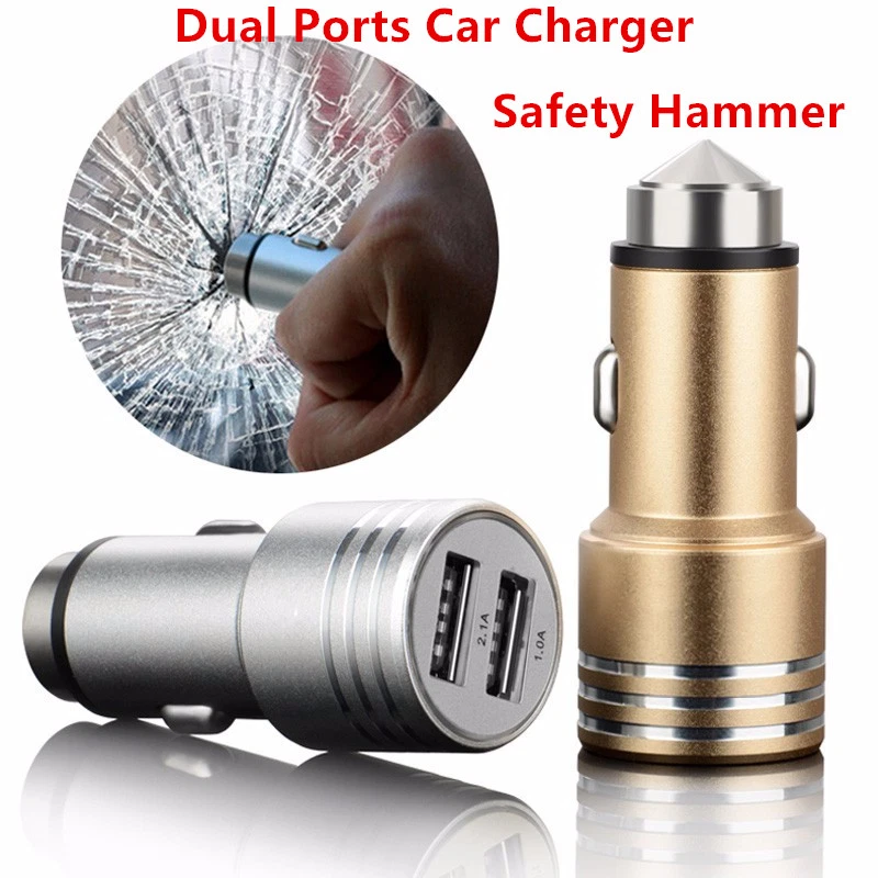 Safety Hammer Stainless Steel Dual USB Ports Power Adapter Car Charger 2A  - Image 2 of 4