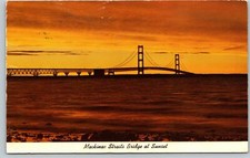 Postcard 113 Mackinac Straits Bridge Michigan at Sunset Larges Suspension Bridge