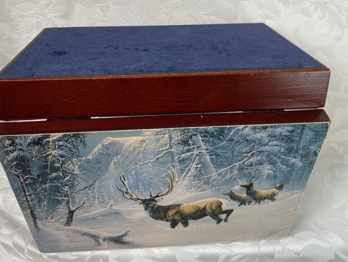 Winter Woods Snow Deer Wood Box Keepsake Jewelry 7 3/4 x 5 Lined READ - Picture 10 of 11