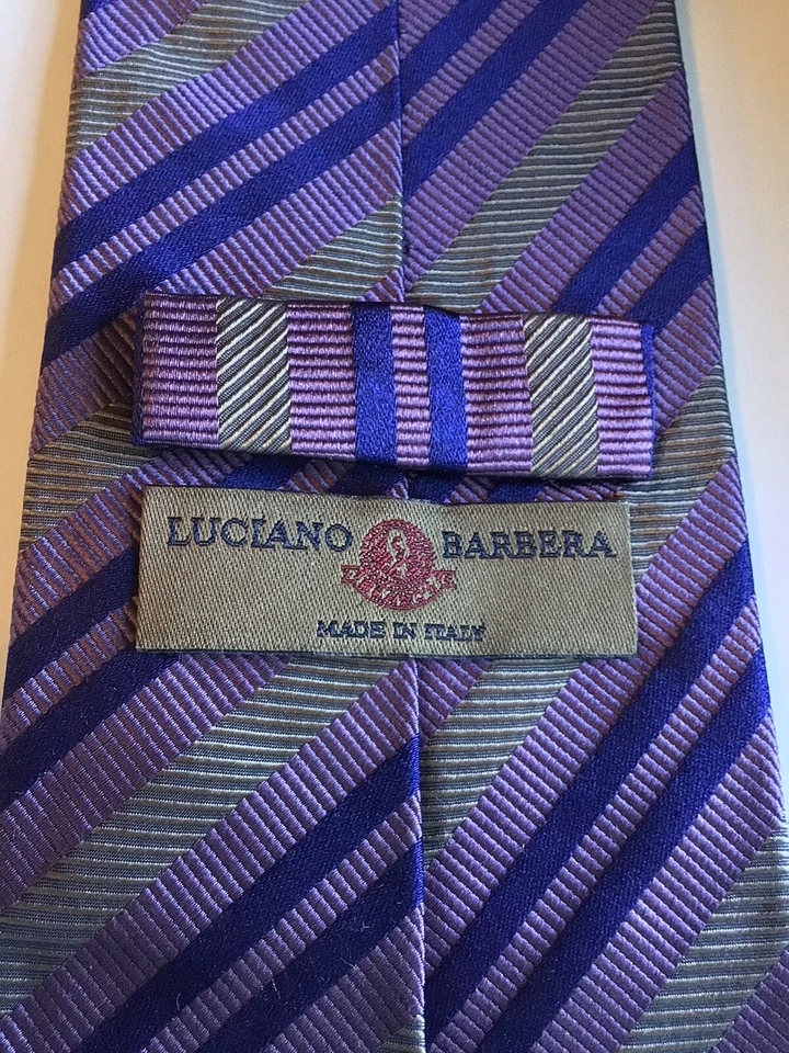 "Corbata LUCIANO BARBERA púrpura con rayas azul marino y oliva 33/4"" de ancho 100 % seda Italia" Foto 4 de 4