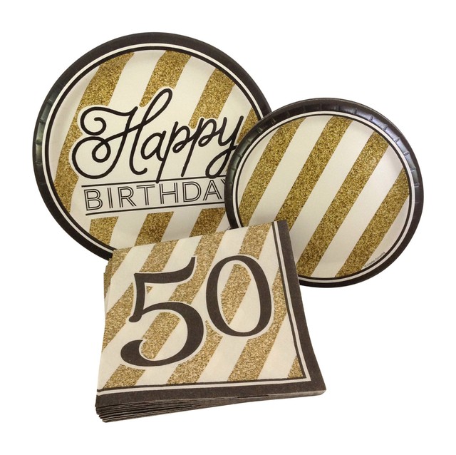Black Gold 50th Birthday Party Supplies Kit Including Plates