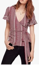 Free People Wrap Around My Finger Women's Striped Bell Sleeve Wrap Top sz S