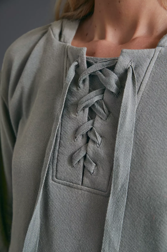 ANTHROPOLOGIE T.La WOMEN'S MOSS GREEN MARA LACE-UP HOODIE SWEATSHIRT PETITE SP - Picture 2 of 5