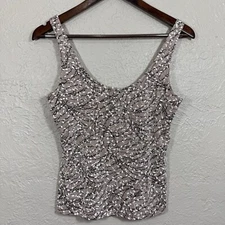 Alex Evenings Tank Top Shell Small Rhinestone Shiny Bling Tan Leaf Vtg 90s USA