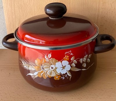 Emailletopf m. Deckel, Blumenmotiv 70er Jahre, Vintage