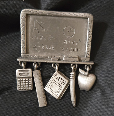 J&J Silver Tone Metal Teacher Math Dangle Brooch Pin No Stone 2.5 in