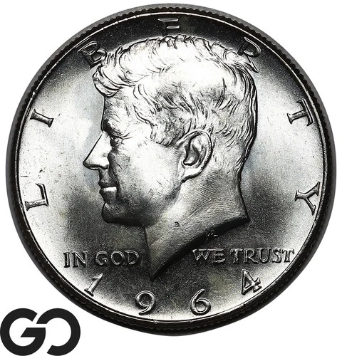 1964 Kennedy Half Dollar, 90% Silver, Lustrous Gem BU++