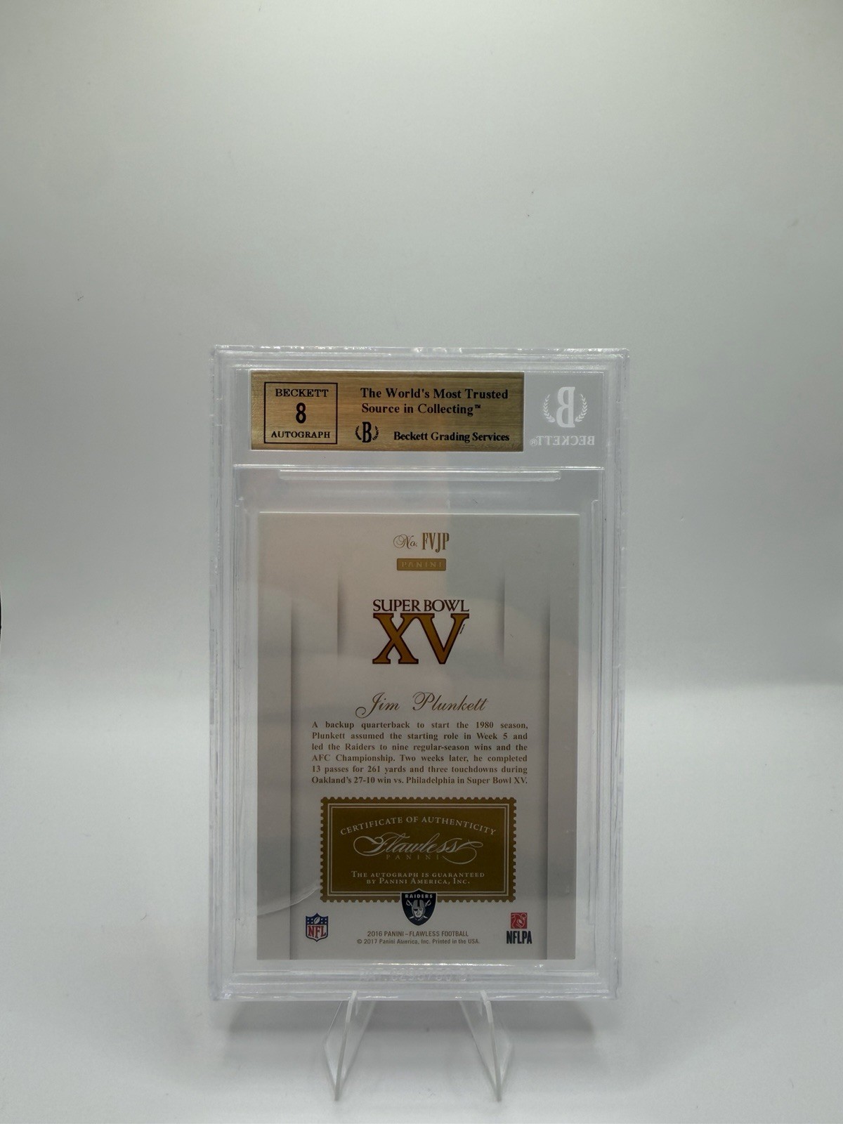 2016 Panini Flawless Jim Plunkett Victors Silver Auto /15 BGS 9.5 view 3